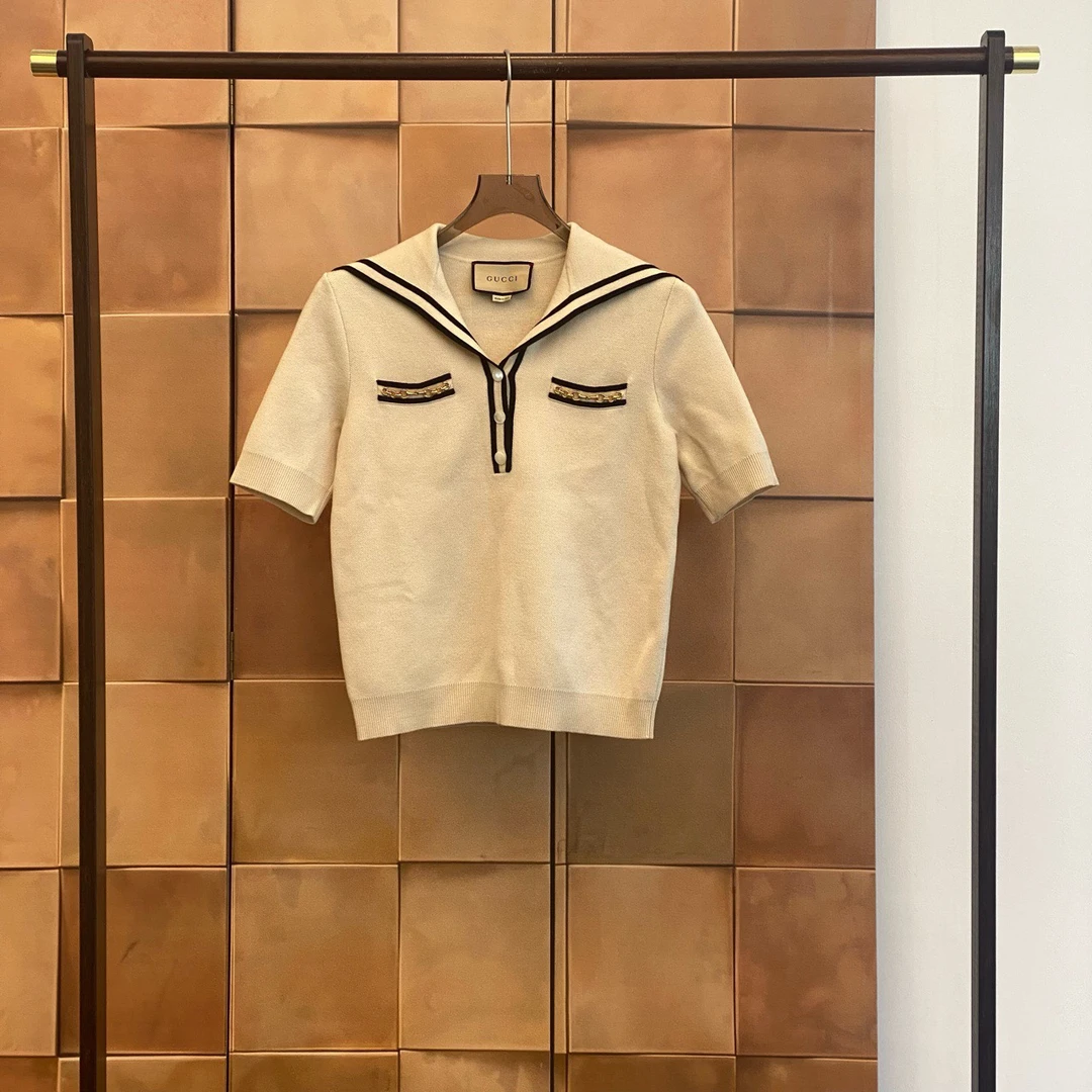 99新 GUCCI/古驰 Gucci 爆款马衔扣海军领羊毛短袖/s码/29439