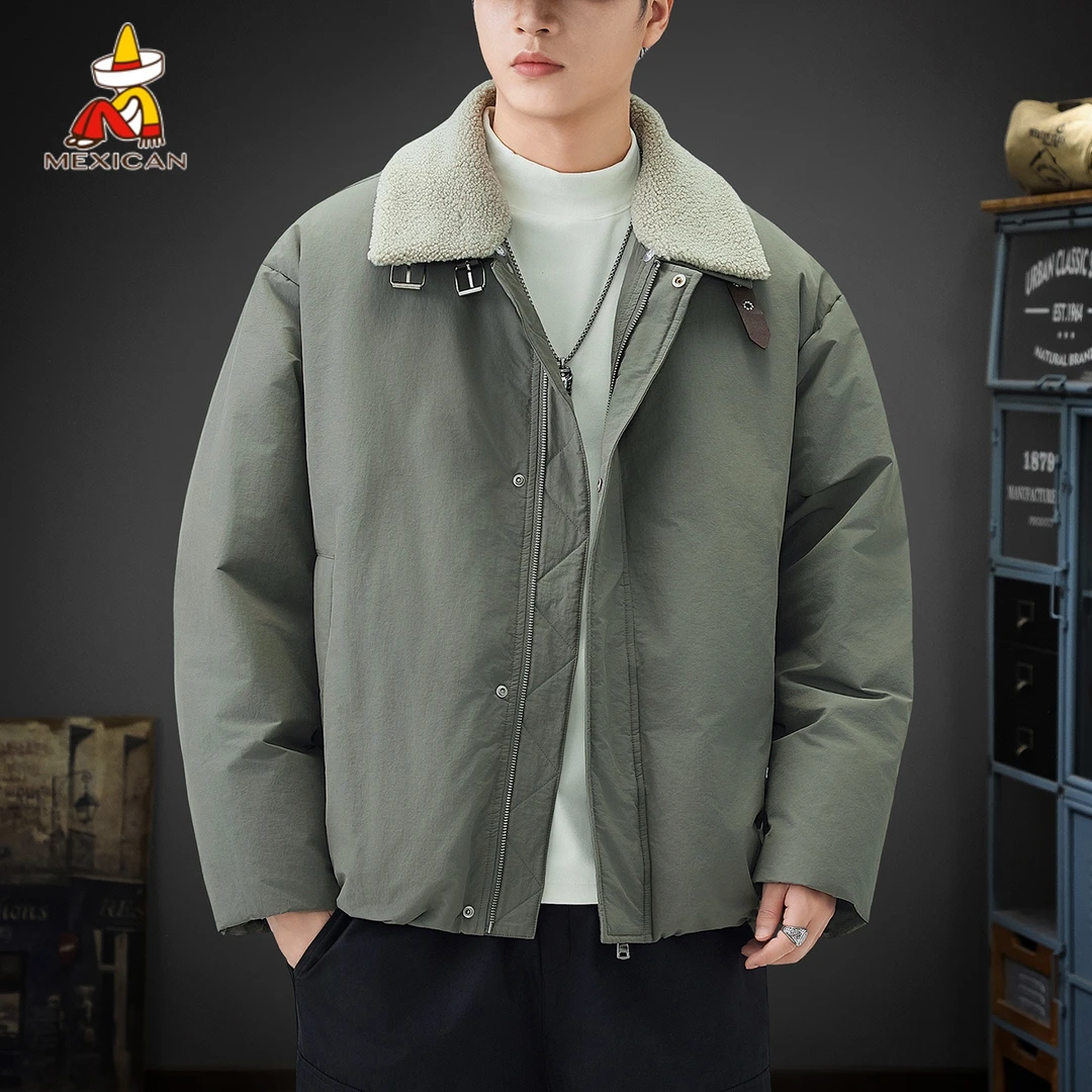 Mexican/稻草人冬季95白鸭绒羽绒服男款高档潮牌羊羔绒翻领外套潮