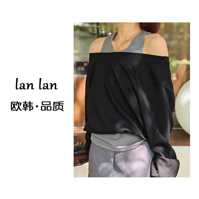 lanlan-秋上新【假两件露肩】高货韩版极简气质休闲假两件露肩
