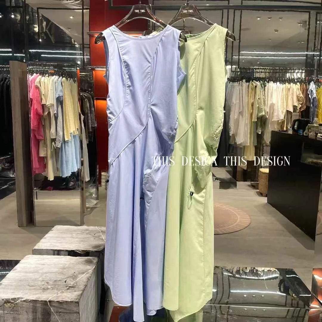 无袖高腰长裙中式风A字裙连衣裙蓝色长款纯色长袖33312706