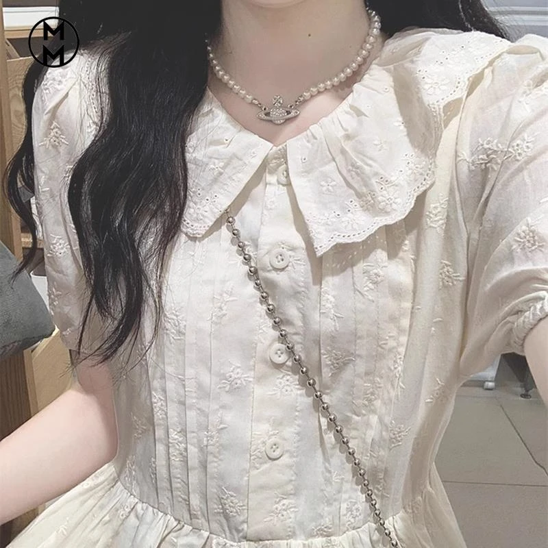 MM茶歇法式刺绣连衣裙女夏小个子娃娃领气质绝美奶fufu温柔初恋长