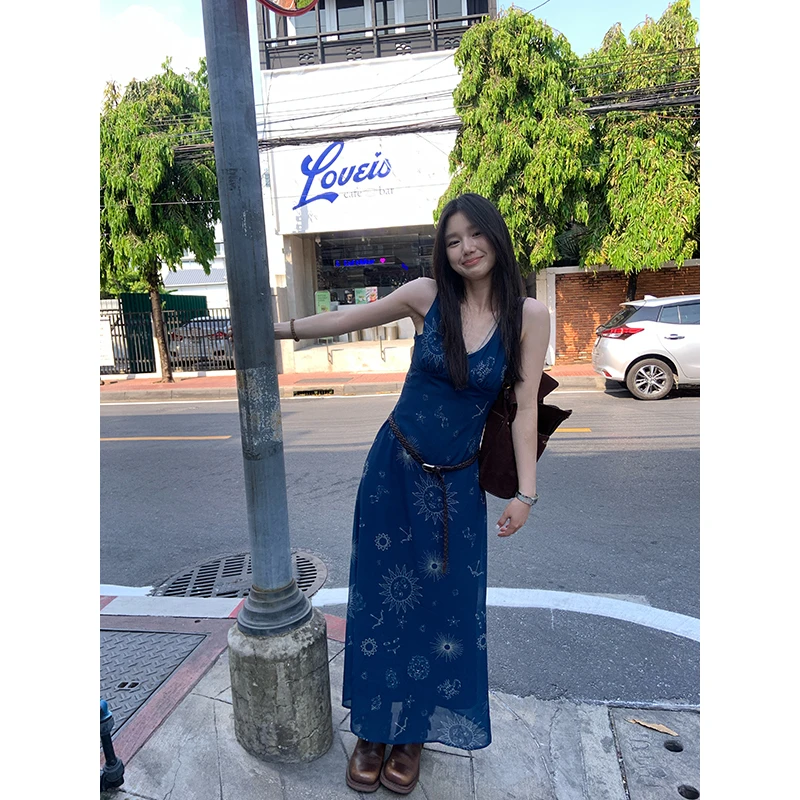 YOKLASS少女家 【清清】藏青色法式印花连衣裙长裙子L31865S52