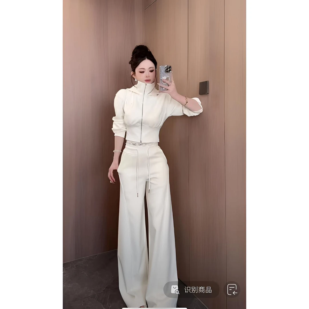 曼曼【懒人套装】运动休闲套装连帽短款外套阔腿长裤两件套3388#