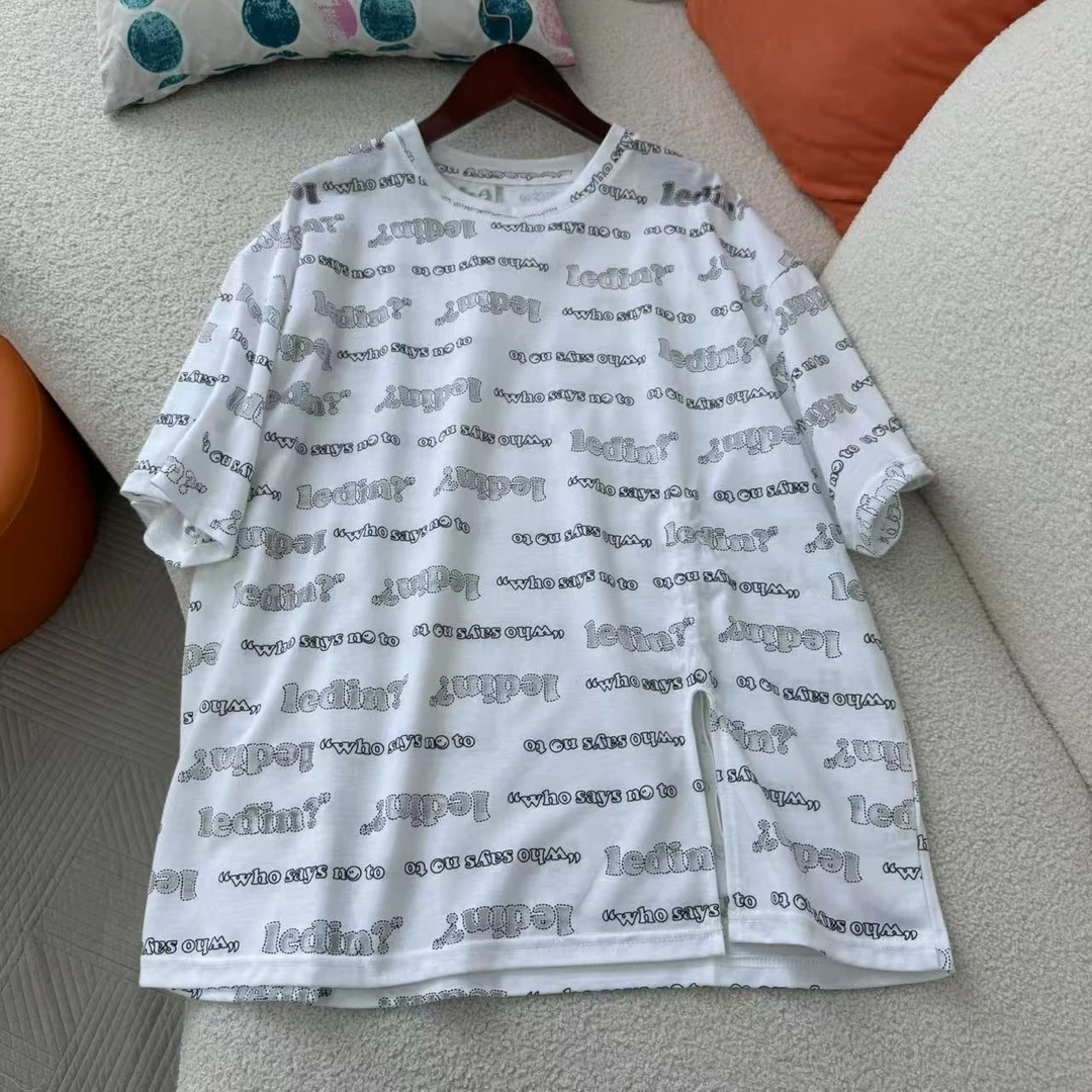 夏季女短袖晕染T恤衫宽松休闲微透侧开叉T恤