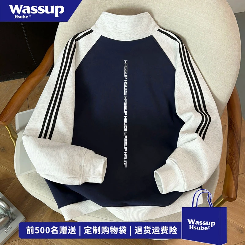 WASSUP HSUBE 高级美式字母印花拼色外套秋冬季休闲百搭开衫卫衣
