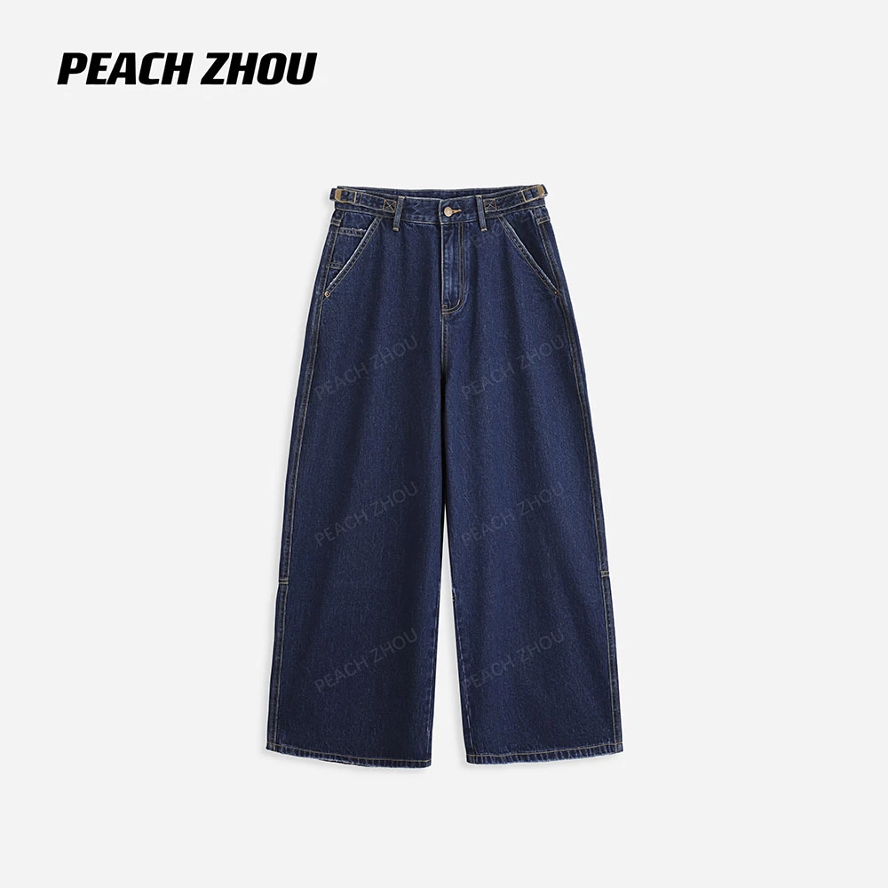 『PEACHZHOU』磨边水洗深蓝侧腰调节扣宽松休闲复古阔腿牛仔裤