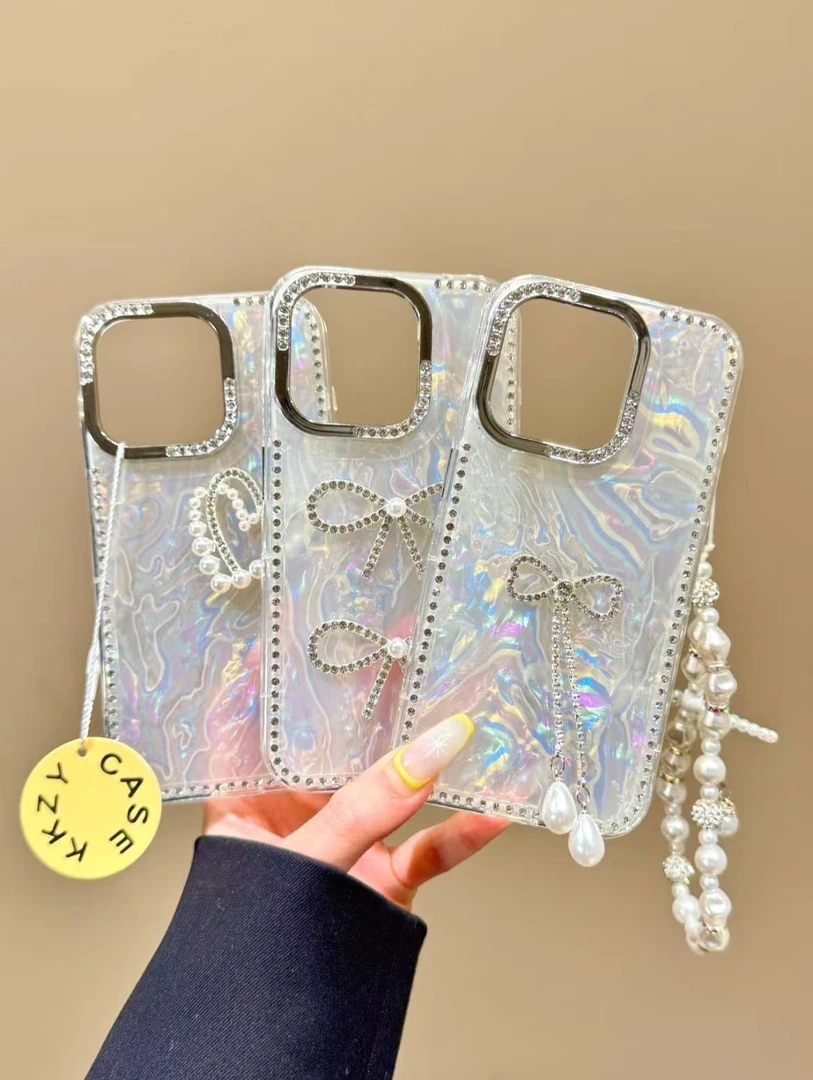 贝壳纹闪钻边蝴蝶结手机壳12适用于苹果16promax华为15新款13女14