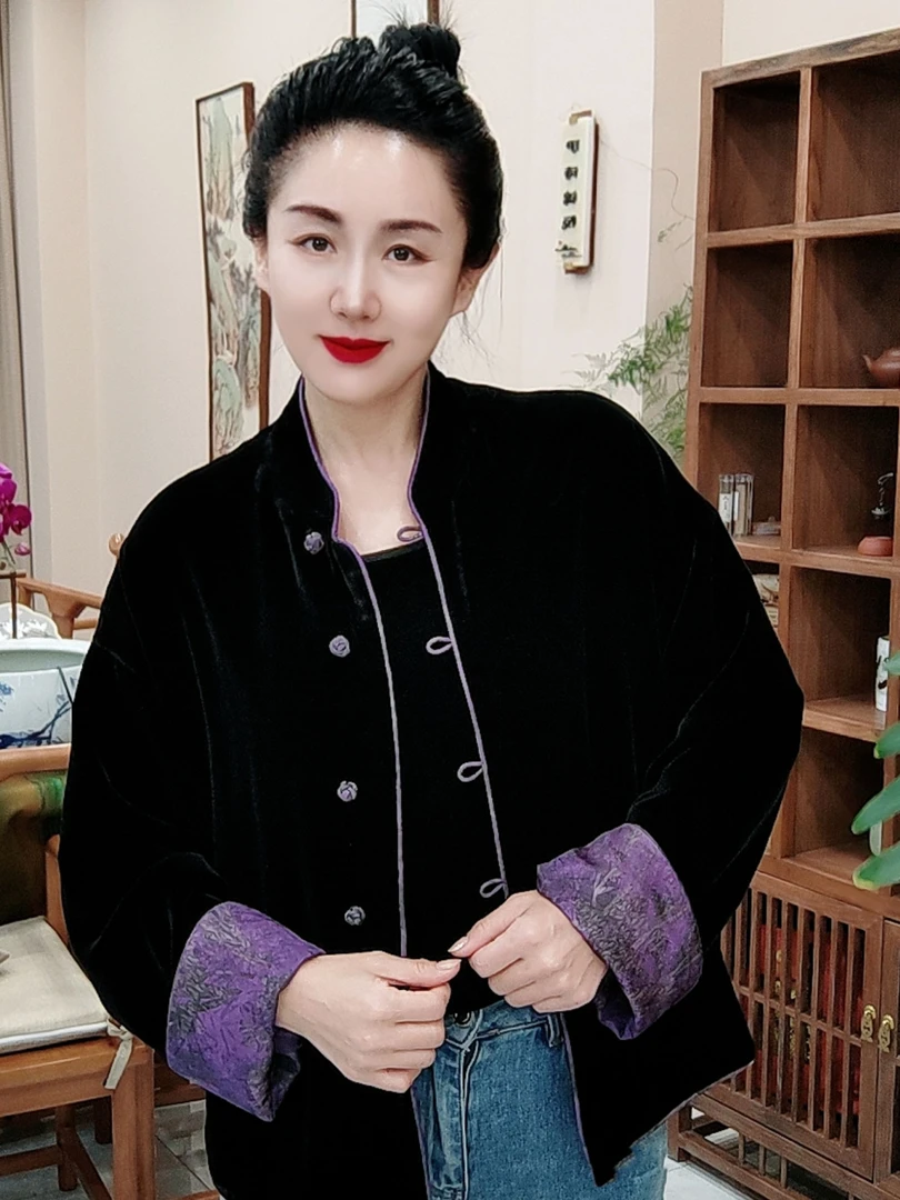 重磅桑蚕丝丝绒2025春新中式时尚洋气减龄百搭盘扣两面穿唐装上衣