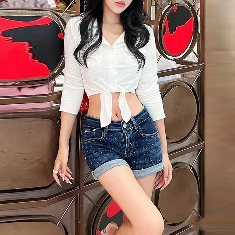 夏季牛仔短裤女大码胖mm超低腰弹力紧身显瘦包臀辣妹外穿卷边热裤