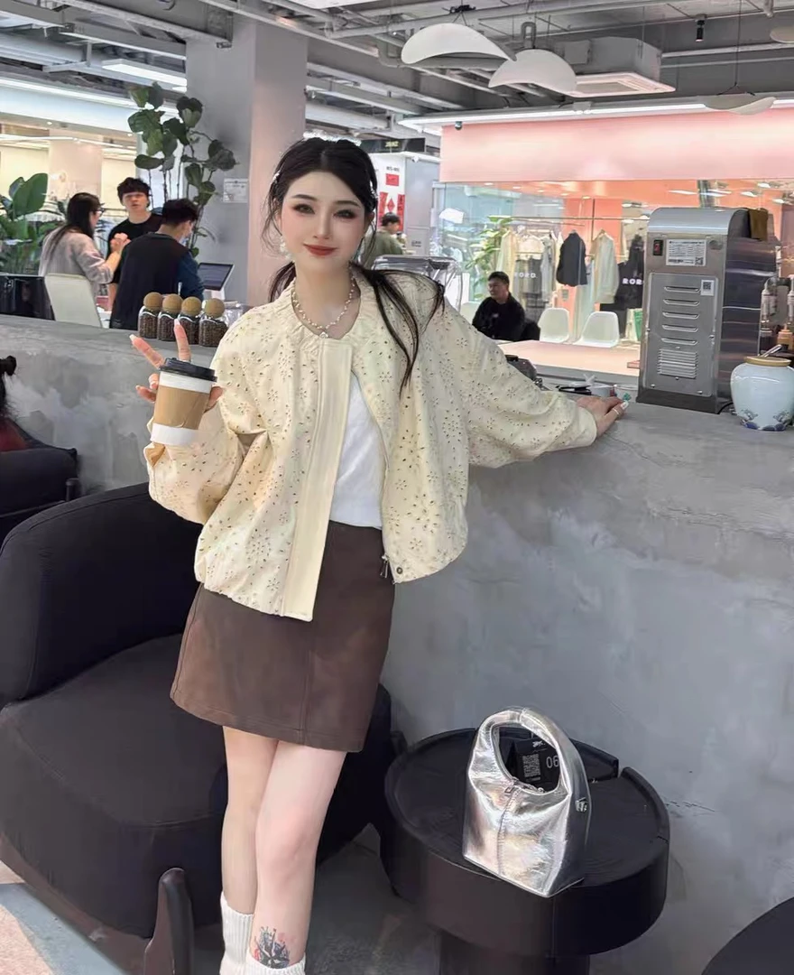 2025春新款韩版宽松显瘦圆领镂空短款外套女百搭休闲夹克上衣F38