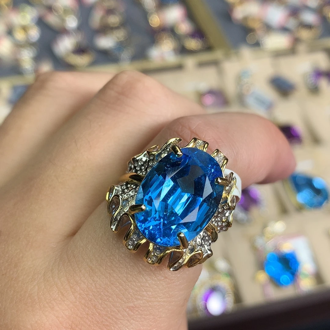 戒指银S925镀金镶嵌托帕石鲸梦款