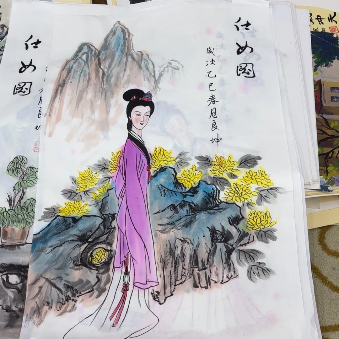 国画崔春良四尺三开童