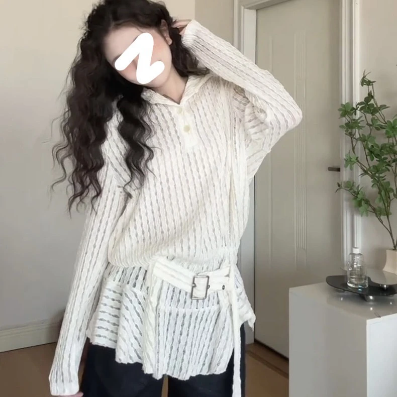 白色蕾丝镂空连帽长袖衬衫女春季设计感小个子宽松荷叶边长袖上衣