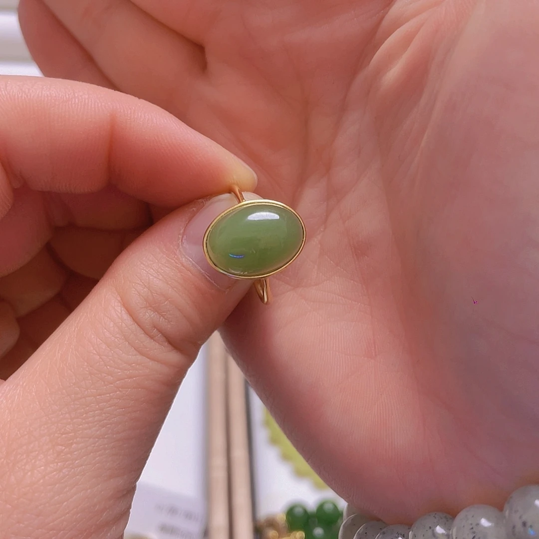 和田玉戒指银S925镀金镶嵌