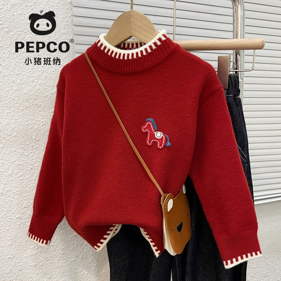 【马年限定】PEPCO/小猪班纳红色儿童加厚卡通毛衣秋冬针织衫上衣潮