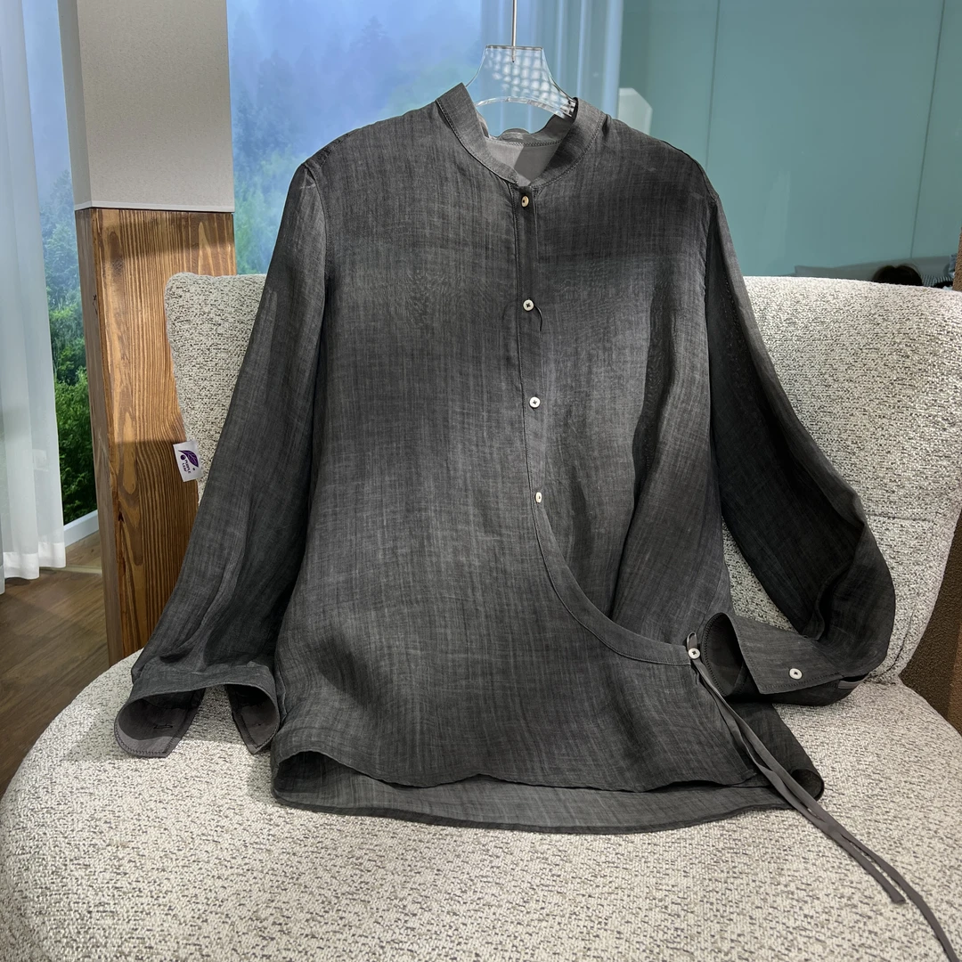 设计师款传统扎染苎麻中式小立领独特衬衫女款复古衬衣