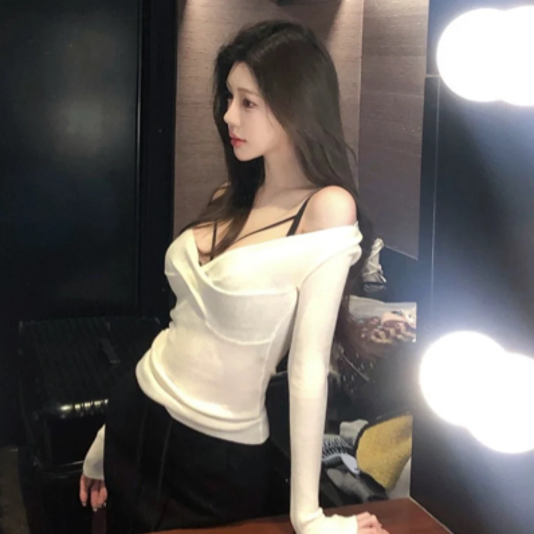 纯欲风白色v领针织上衣女修身收腰显瘦打底衫