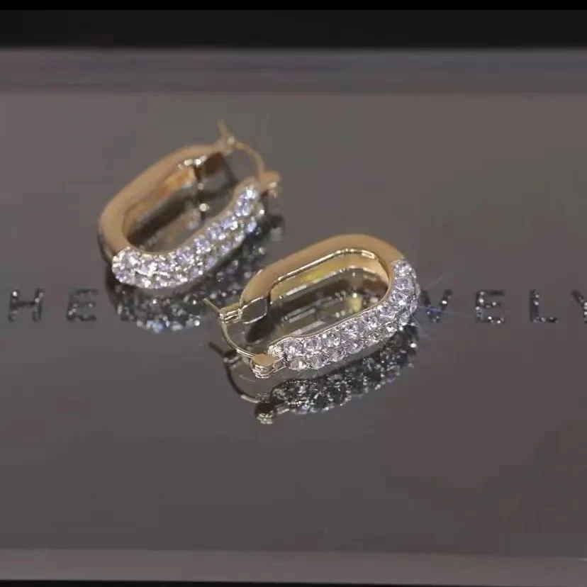 铜合金耳饰 Celesia  双面可戴U形满钻耳扣玫瑰金椭圆形耳环E0065