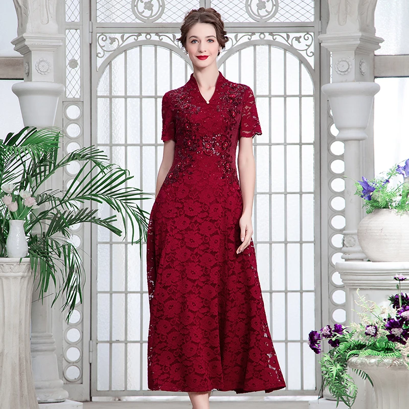 『玫瑰恋人』名兰世家夏新款高端中老年气质红色长裙刺绣礼服连衣裙