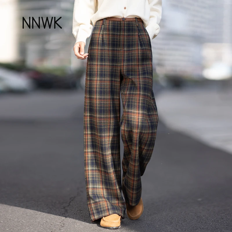 秋冬加厚毛呢裤女加绒阔腿裤休闲裤2025新款裤子复古格子裤直筒裤