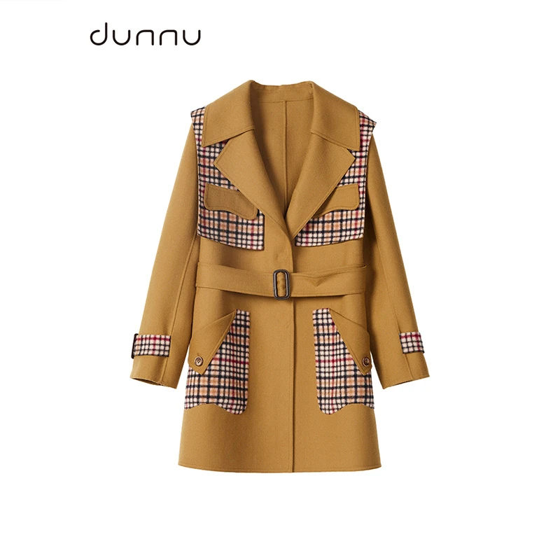 dunnu敦奴大翻领格子拼接毛呢外套DQ3D2101