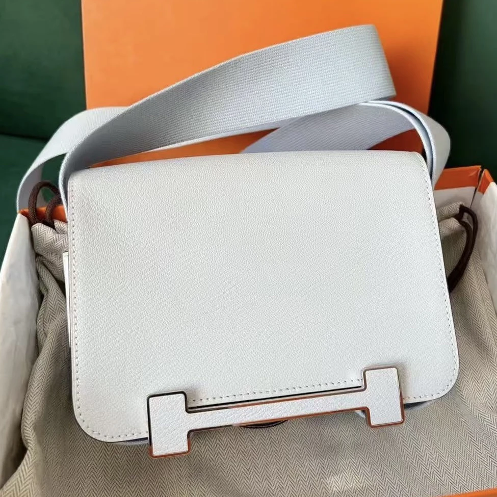 99新 Hermes/爱马仕 爱马仕木屐包雾霾蓝金扣山羊u单肩包8351082