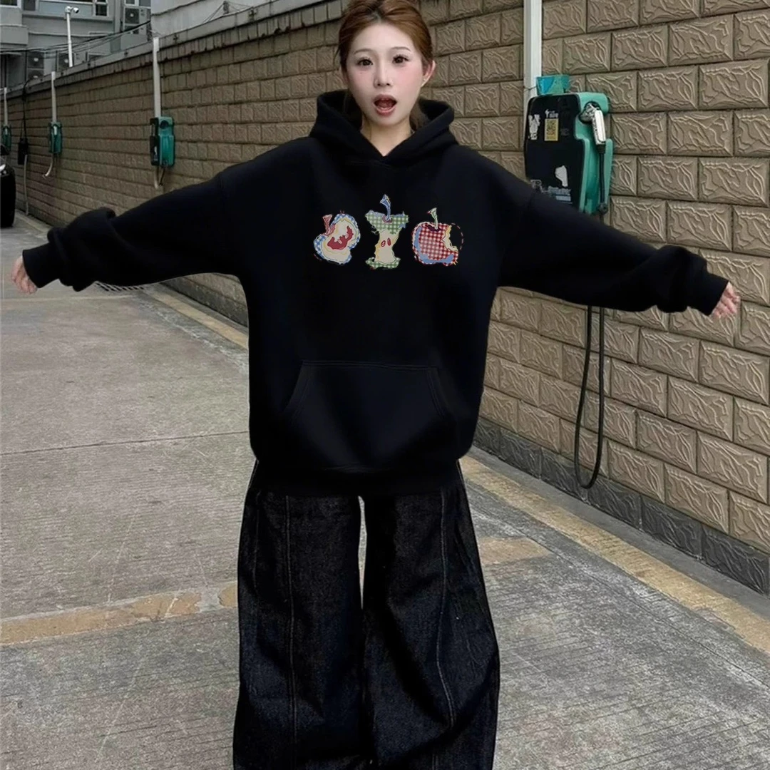 黑色洋气卫衣女款爆款2025秋冬新款加绒加厚宽松连帽外套上衣女潮