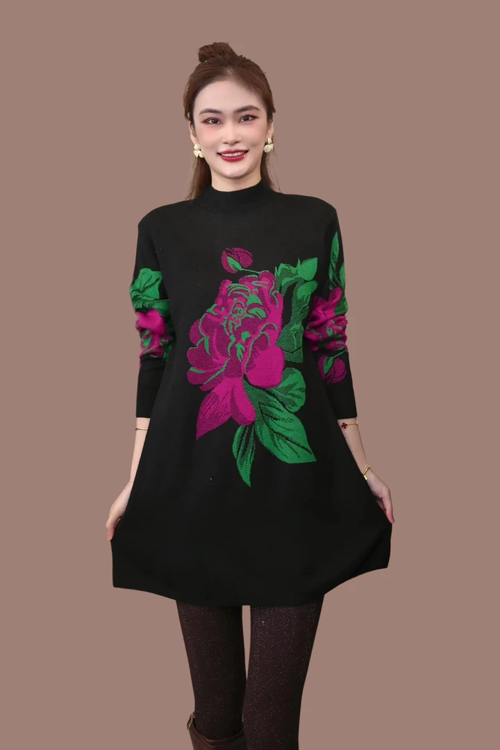 307牡丹秋冬中长款百搭提花慵懒风气质针织衫