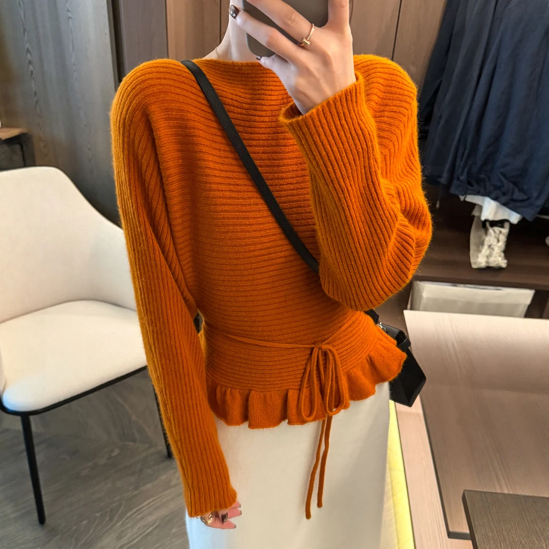 荷叶边系带针织衫女欧洲站2025冬装新款欧货女装打底小衫潮秋冬