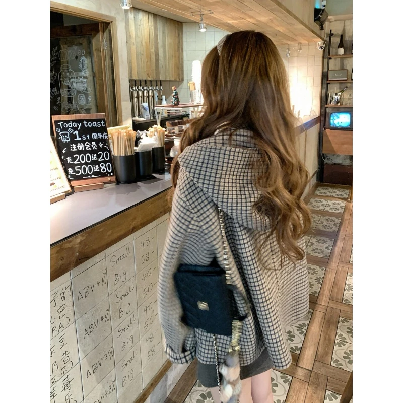 MARIE.COCO格雷系穿搭围巾领双面羊毛呢格纹大衣外套半身裙两件套