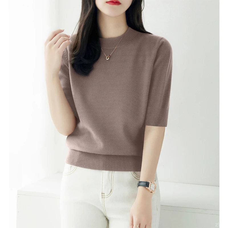 宽松中袖新款深色系遮肉设计圆领五分袖针织衫秋季女百搭打底上衣