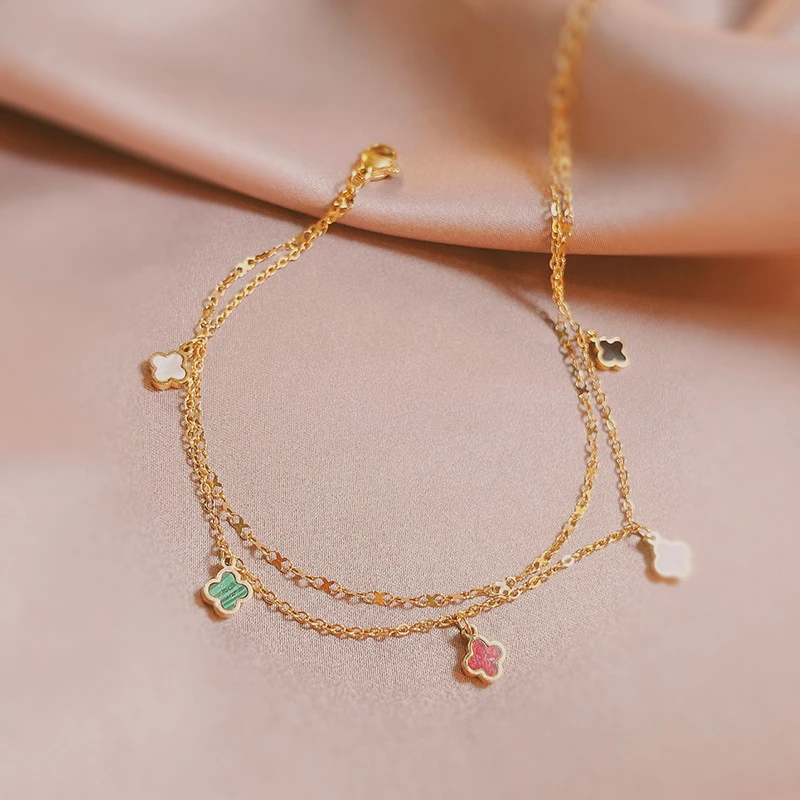 铜合金脚链 彩色四叶草脚链女款性感个性脚裸链时尚百搭通勤款