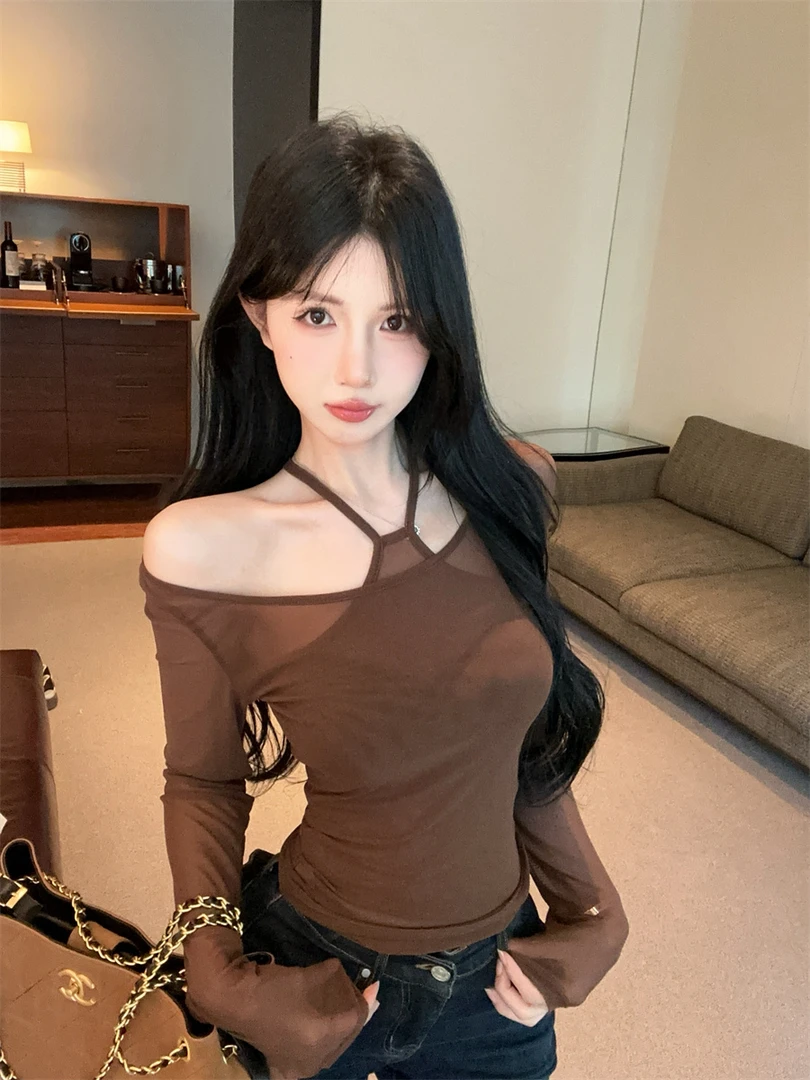 女神范气质减龄薄款网纱挂脖长袖T恤早秋一字肩修身显瘦纯色上衣