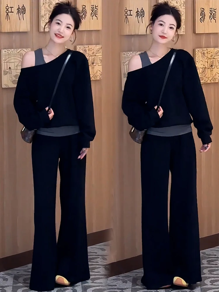 休闲运动套装女2025秋季新款时髦洋气斜肩假两件卫衣阔腿裤两件套