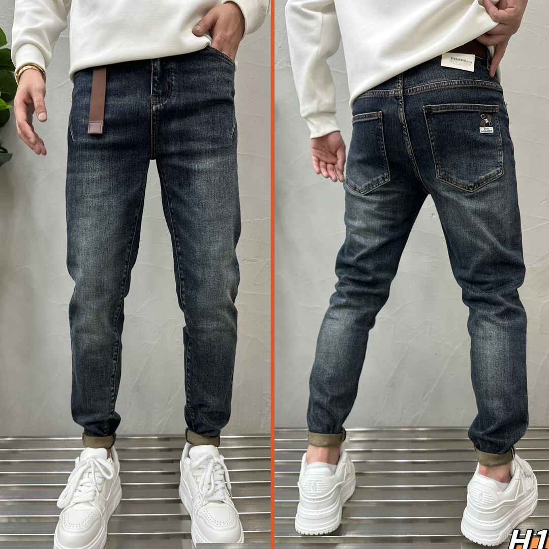 【树邦实体】秋冬新款洗水蓝色男百搭弹力微锥小直筒牛仔长裤11058