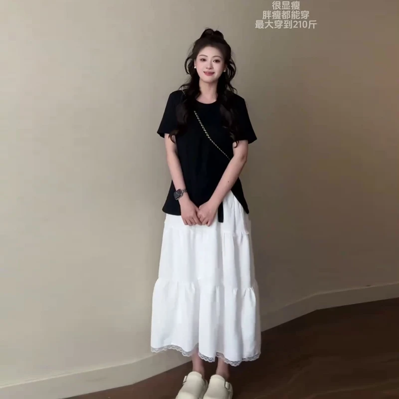 大码女装设计感显瘦短袖T恤+高腰百搭中长款白色半身裙两件套装