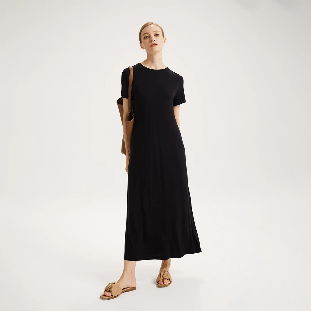 QIQIFUR 高端弹力棉纱长裙极简ROW风纸片人通勤女装短袖T恤连衣裙