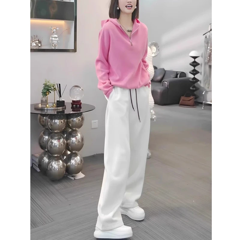 2025开春穿搭一整套超火套装减龄粉色连帽上衣白色阔腿裤两件套女