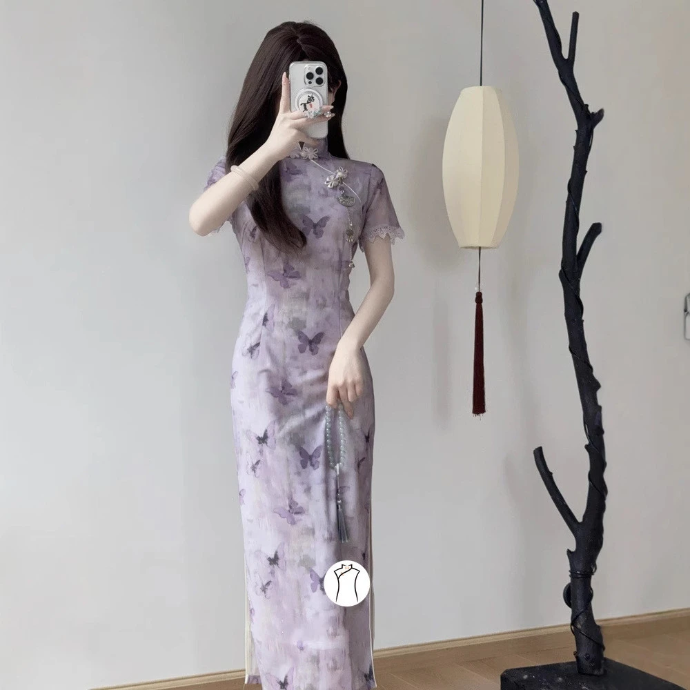 画报夫人原创《紫蝶》紫色蝴蝶印花旗袍新中式改良年轻款少女高级