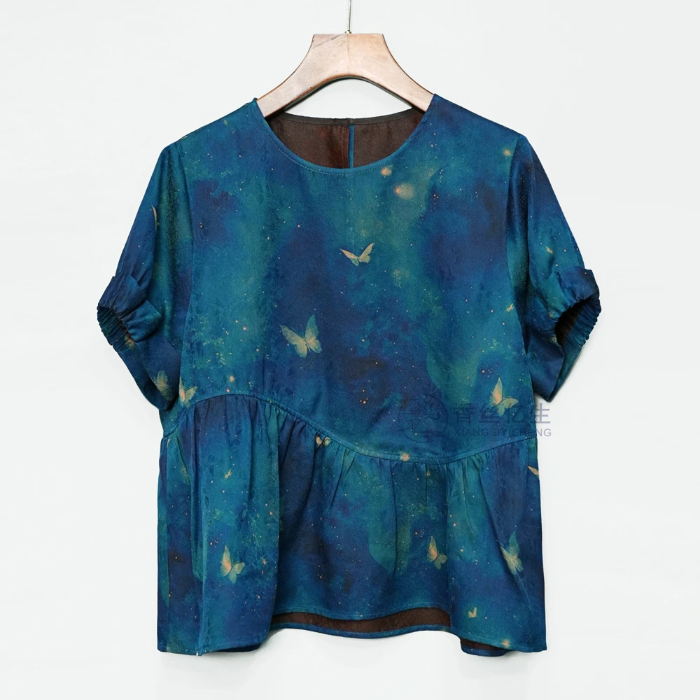 蓝精灵！红云纱绞萝蓝色蝴蝶短袖上衣圆领时尚女装衬衫X3208