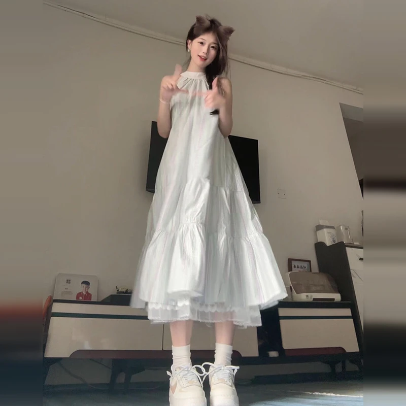 法式蓝色挂脖吊带连衣裙子女夏季2025新款小个子海边度假气质长裙