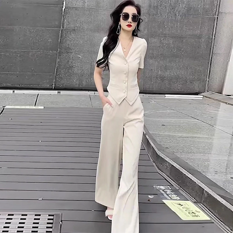 【限量款】高级感气质西装套装女夏季洋气显瘦V领短袖上衣高腰阔
