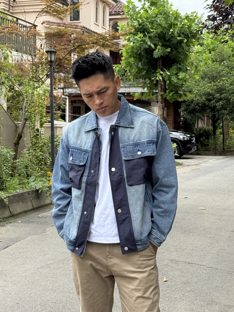 美式复古做旧水洗牛仔外套男春季新款撞色口袋设计感时尚男款夹克