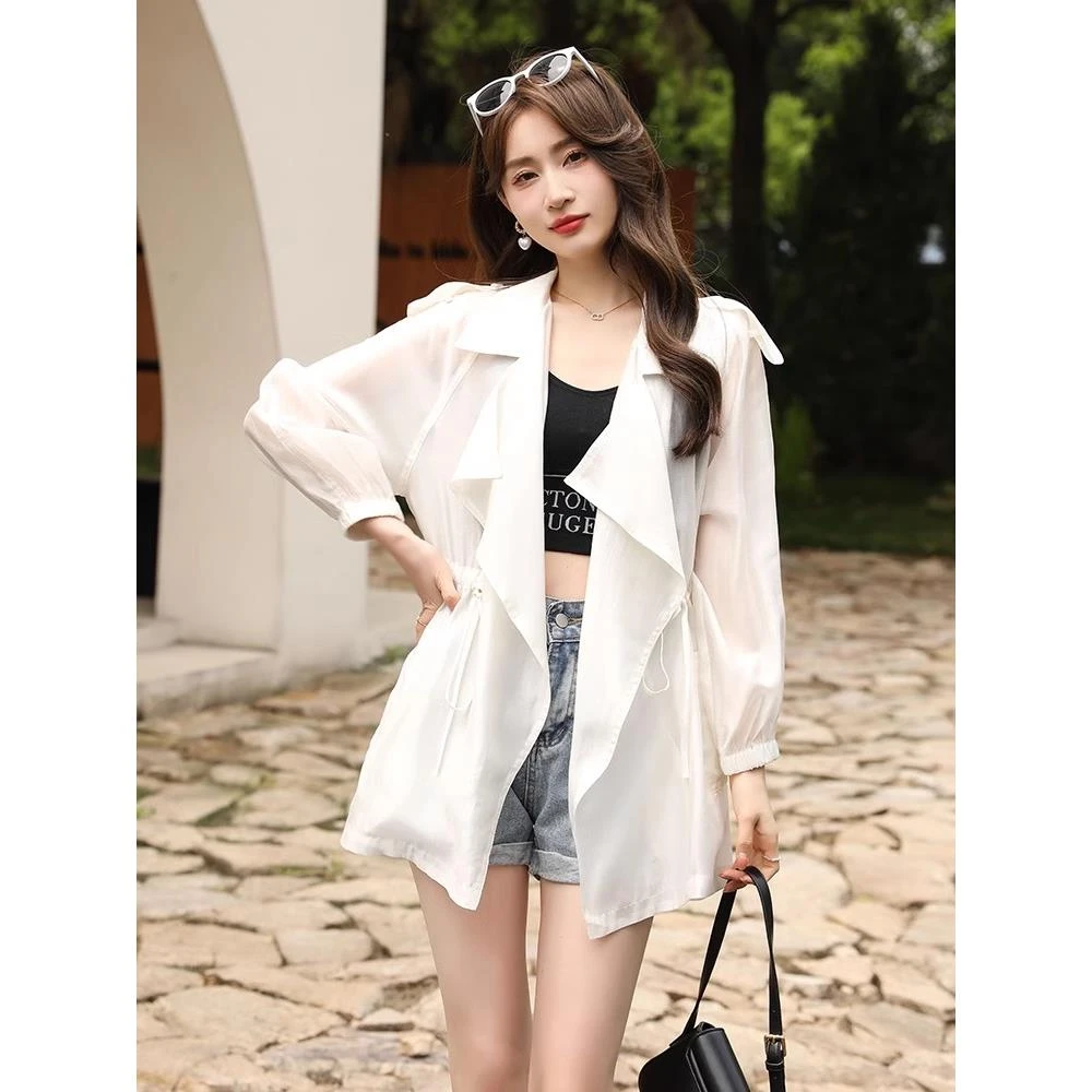莱赛尔真天丝薄纱空气感防晒风衣女春夏季西装领抽绳休闲薄款外套