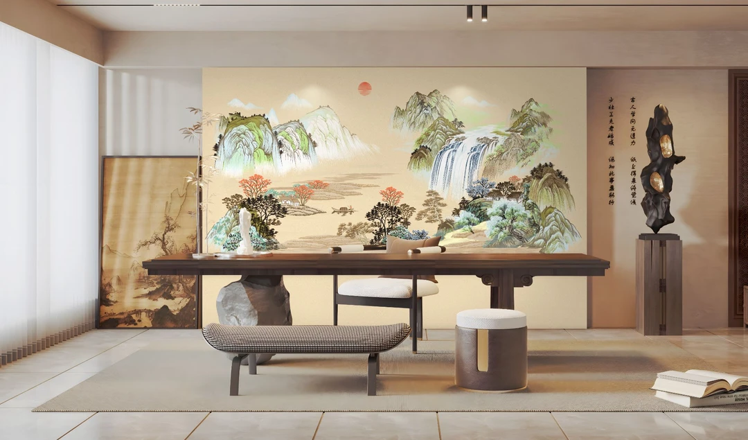 独秀三娃富水长流高端新中式沙发背景刺绣背景墙布加厚超级三防