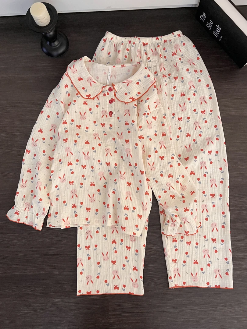 【DMXJ大梦想家】气质甜美兔子棉纱睡衣女春秋季宽松舒适家居服套装