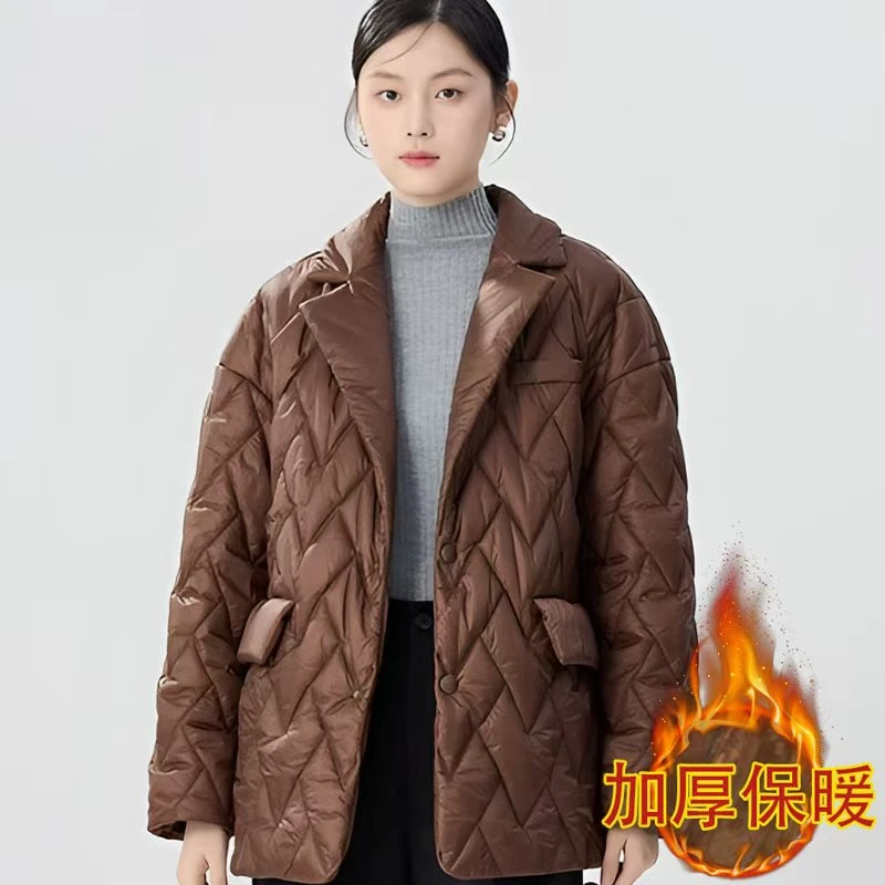 【商场同款】菱格宽松棉服冬季新款V领保暖轻奢翻领棉衣外套5400878