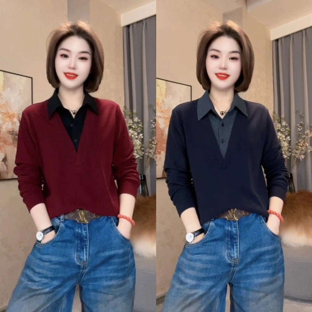 2026秋冬时尚假两件衬衫显瘦气质长袖打底百搭休闲修身上衣358#