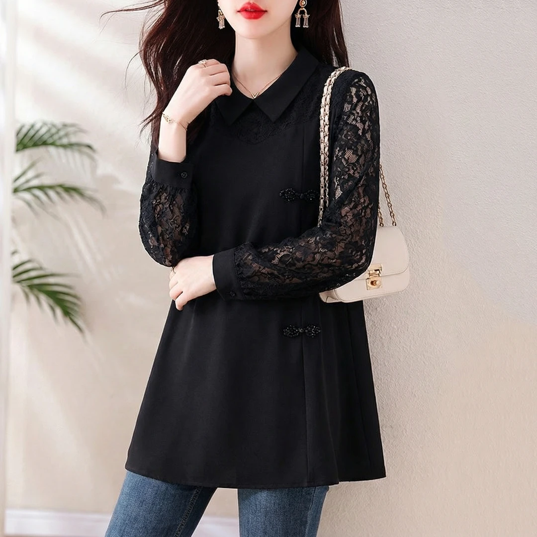 2025秋冬新款女大码新中式黑色蕾丝长袖衬衫设计感遮肚中长款上衣