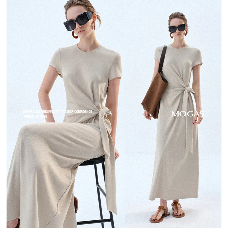Mogas环葆优可丝竹节肌理纽结绑带短袖连衣裙女夏331913